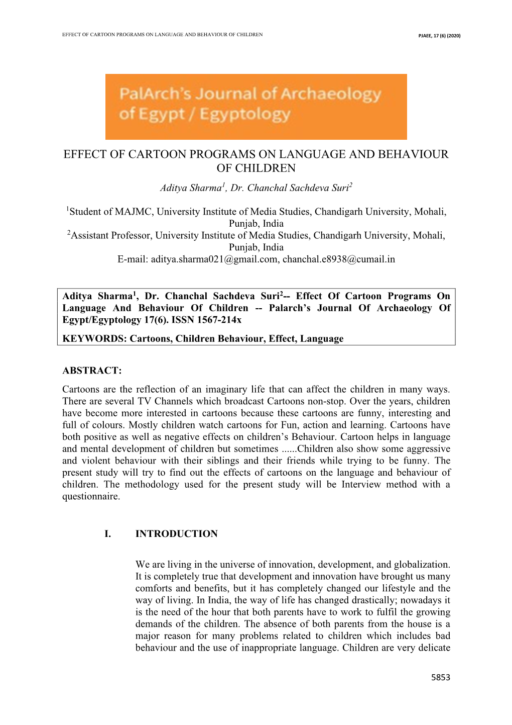 Effect of Cartoon Programs on Language and Behaviour of Children Pjaee, 17 (6) (2020)