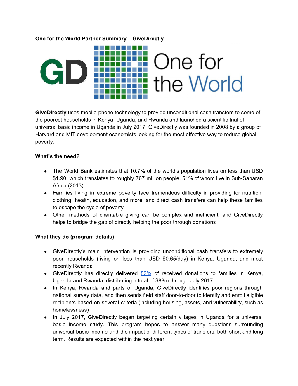 One for the World Partner Summary – Givedirectly Givedirectly​Uses