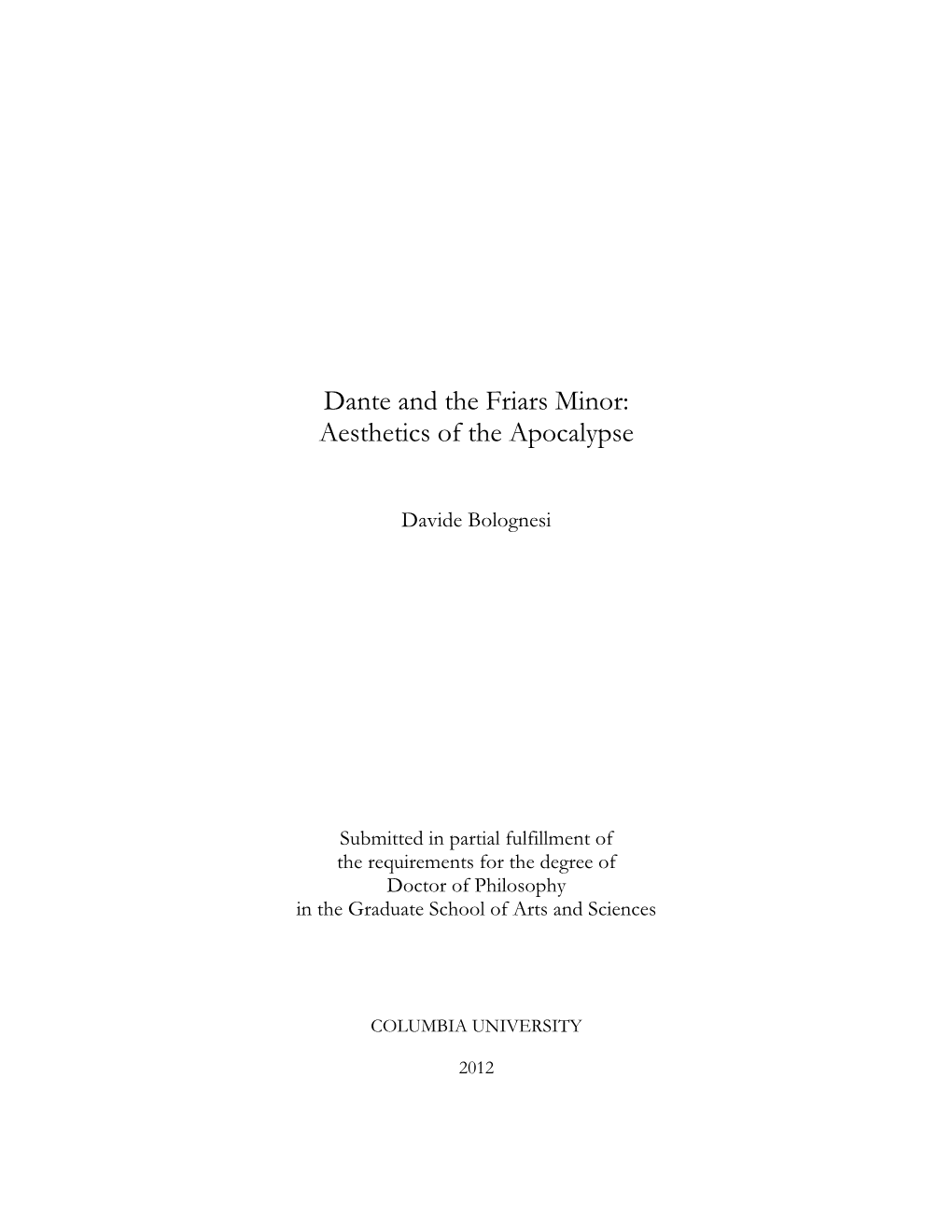 Dante and the Friars Minor: Aesthetics of the Apocalypse