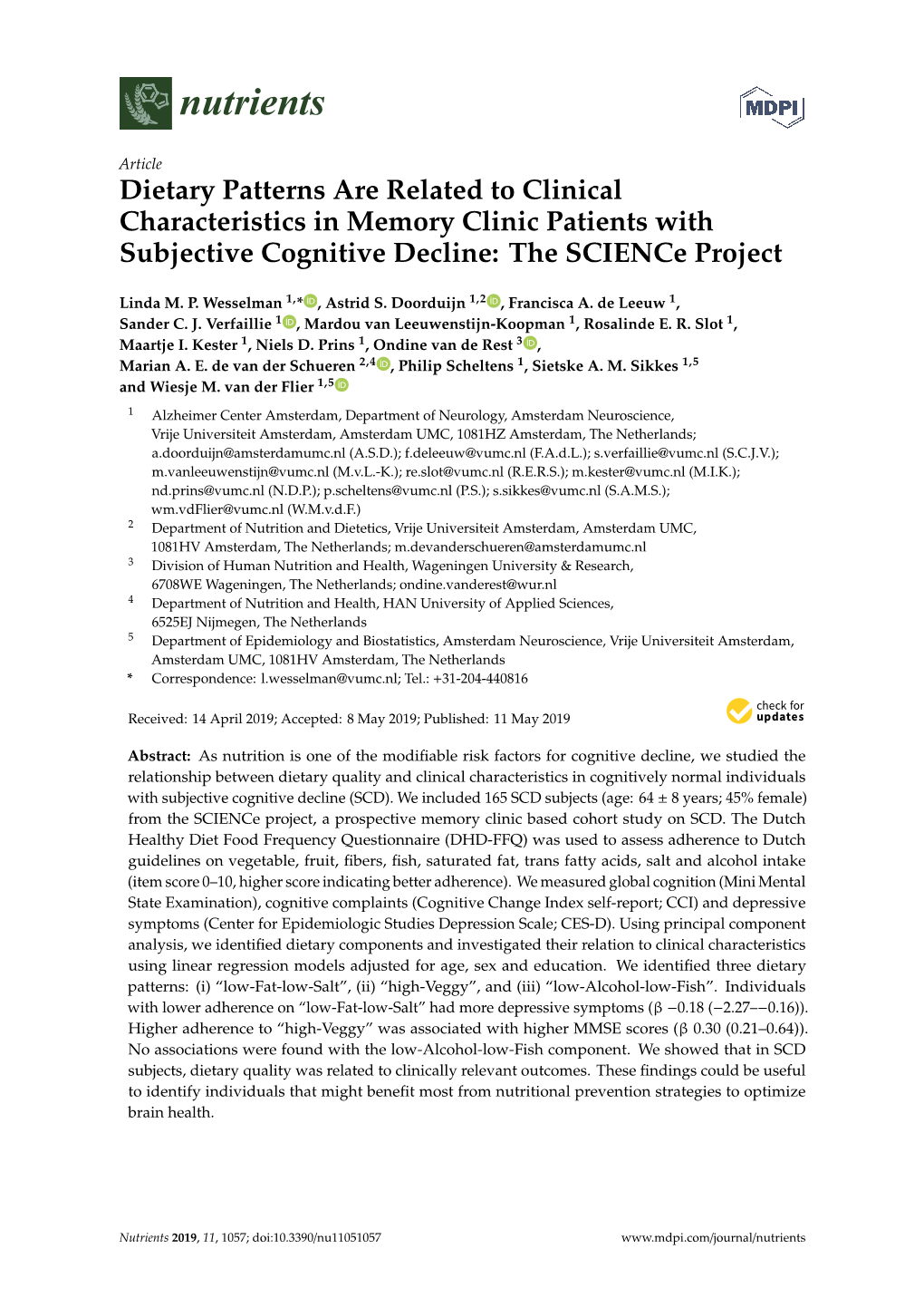 Dietary Patterns Are Related to Clinical Characteristics in Memory Clinic Patients with Subjective Cognitive Decline: the Science Project