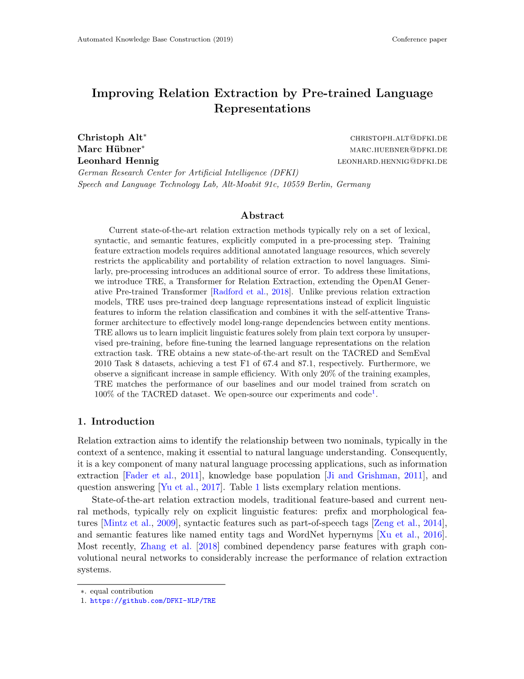 Improving Relation Extraction by Pre-Trained Language Representations