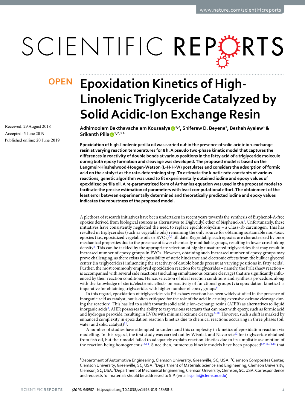 Linolenic Triglyceride Catalyzed by Solid Acidic-Ion Exchange Resin Received: 29 August 2018 Adhimoolam Bakthavachalam Kousaalya 1,2, Shiferaw D