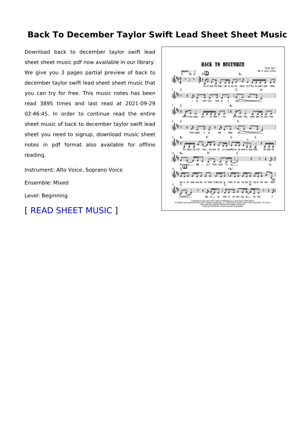 Back to December Taylor Swift Lead Sheet Sheet Music