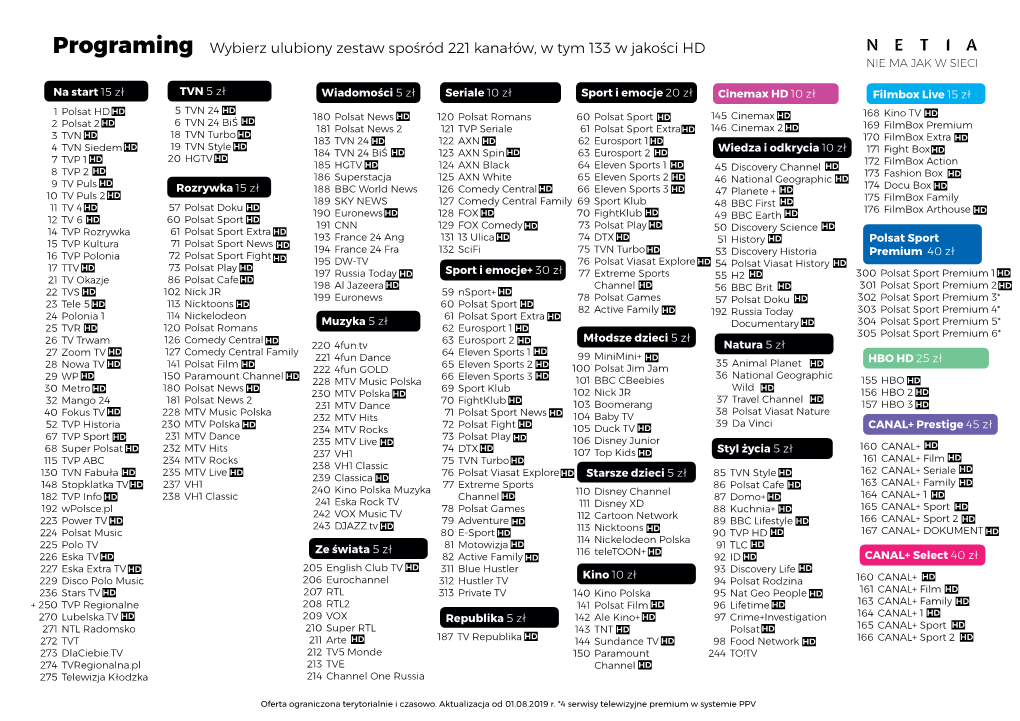 Programing Wybierz Ulubiony Zestaw Spośród 221 Kanałów, W Tym 133 W Jakości HD NIE MA JAK W SIECI