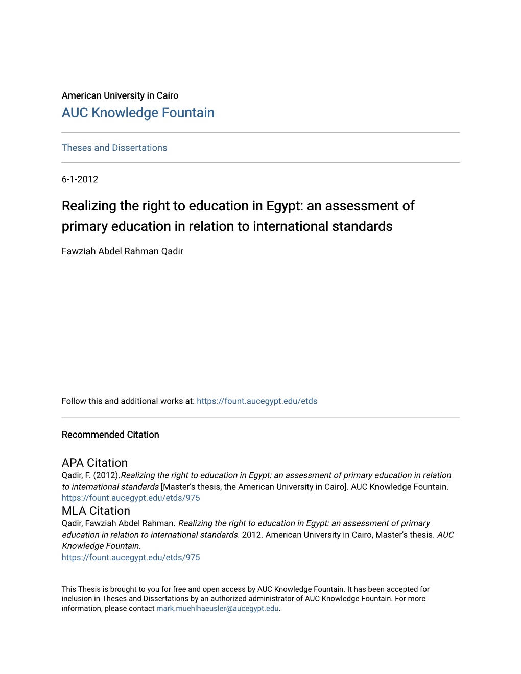 Realizing the Right to Education in Egypt: an Assessment of Primary Education in Relation to International Standards