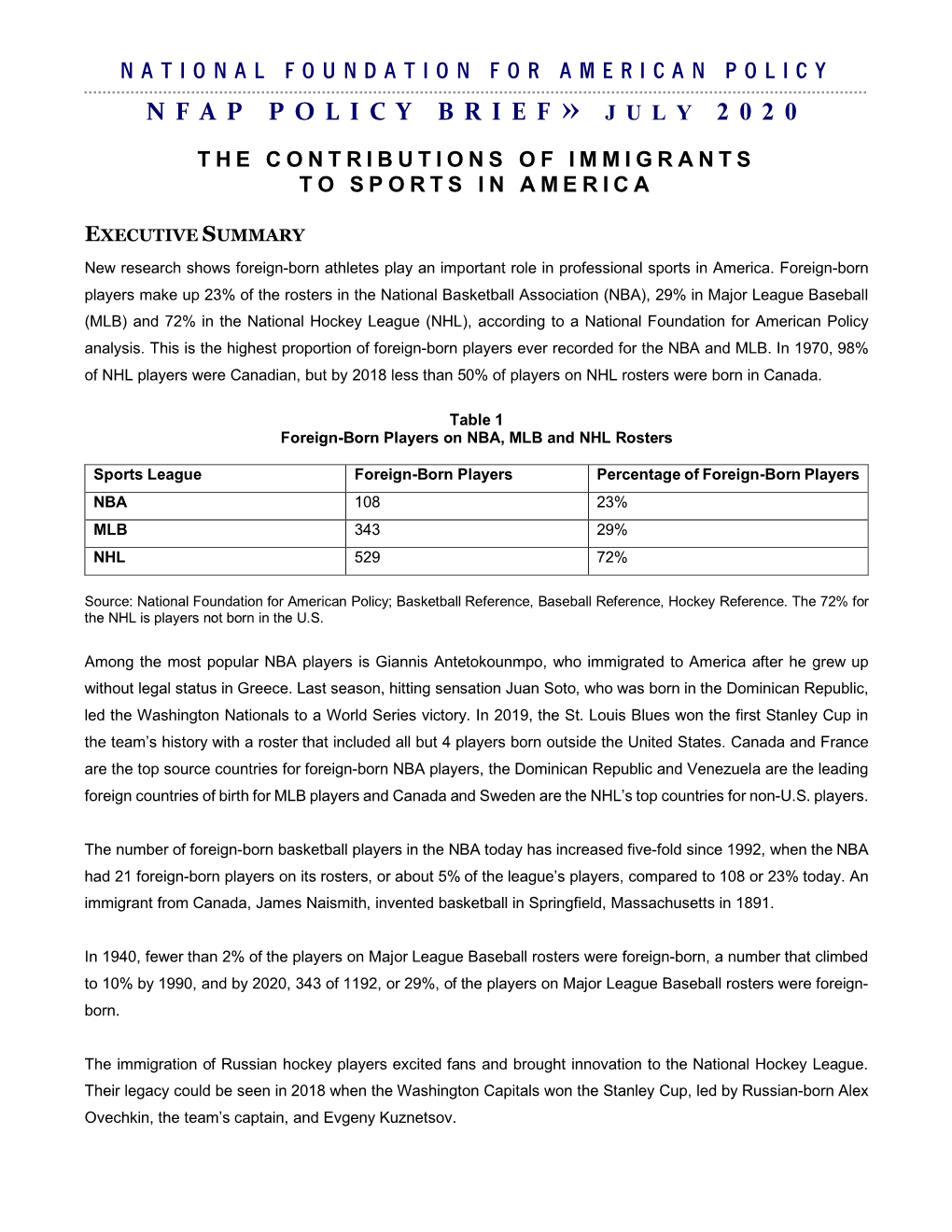 NFAP Policy Brief: the Contributions of Immigrants to Sports in America