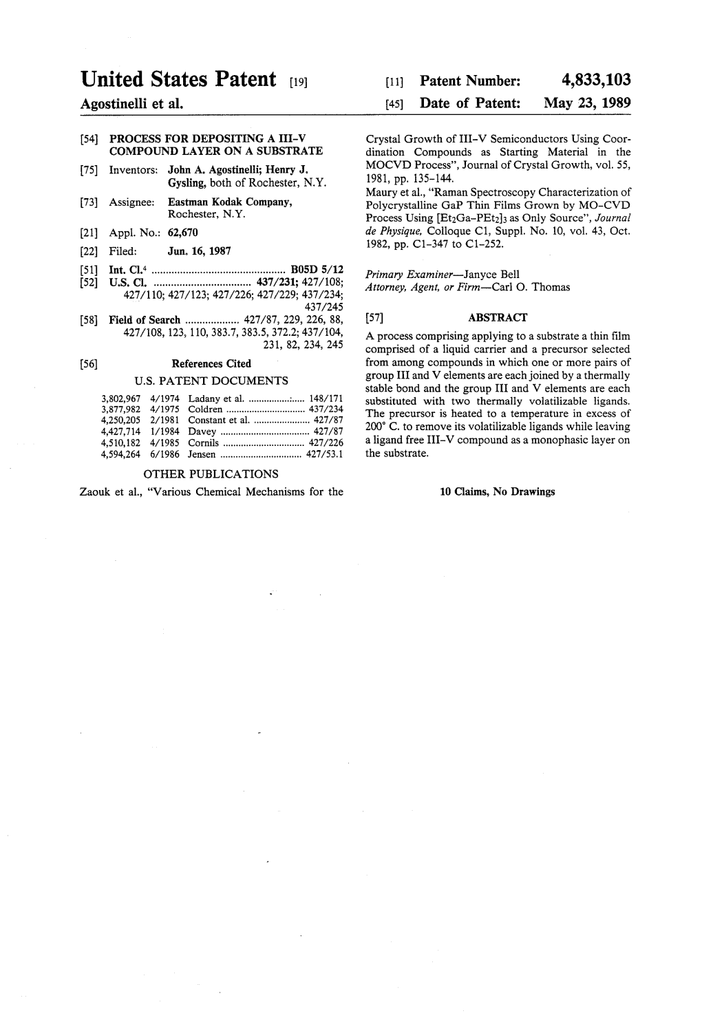United States Patent (19) 11 Patent Number: 4,833,103 Agostinelli Et Al