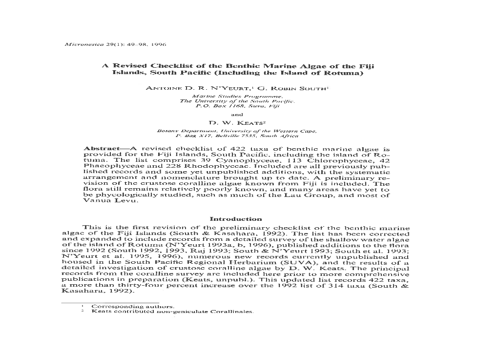 A Revised Checklist of the Benthic Marine Algae of the Fiji Islands