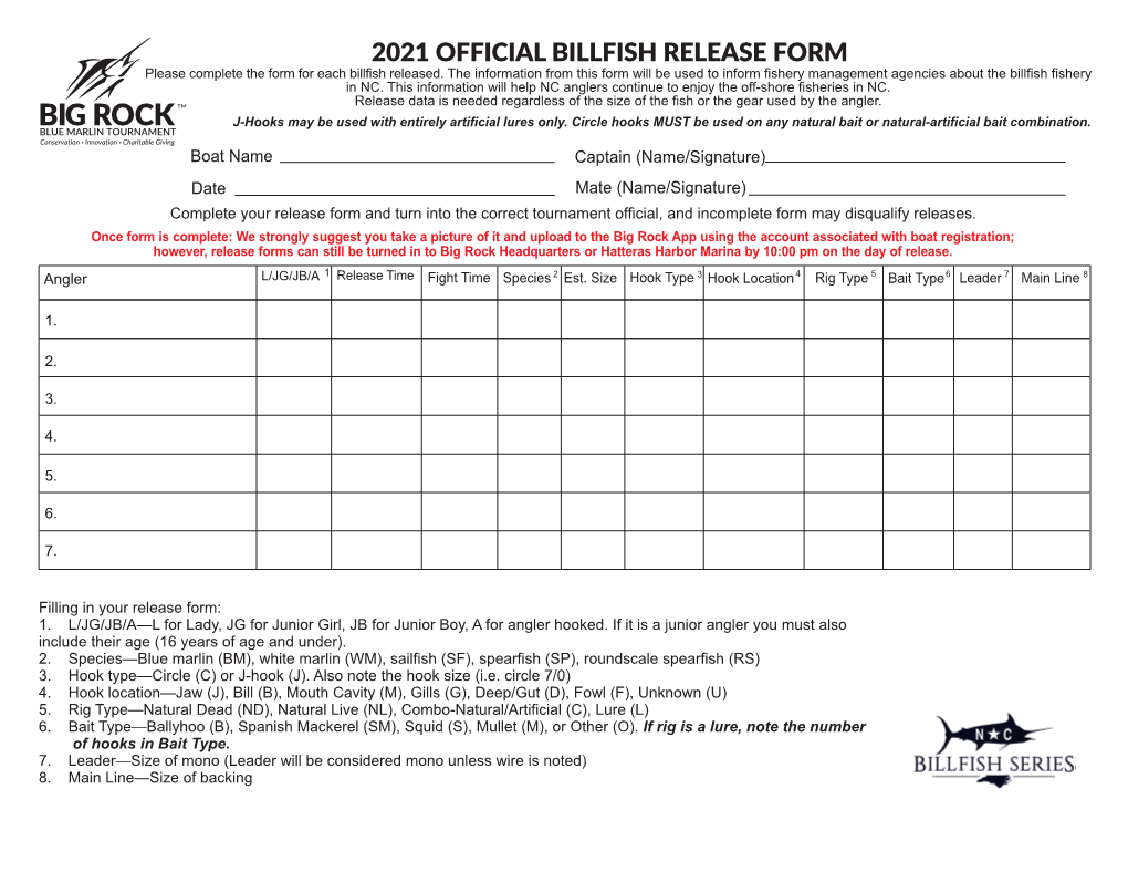 OFFICIAL BILLFISH RELEASE FORM Please Complete the Form for Each Billfish Released