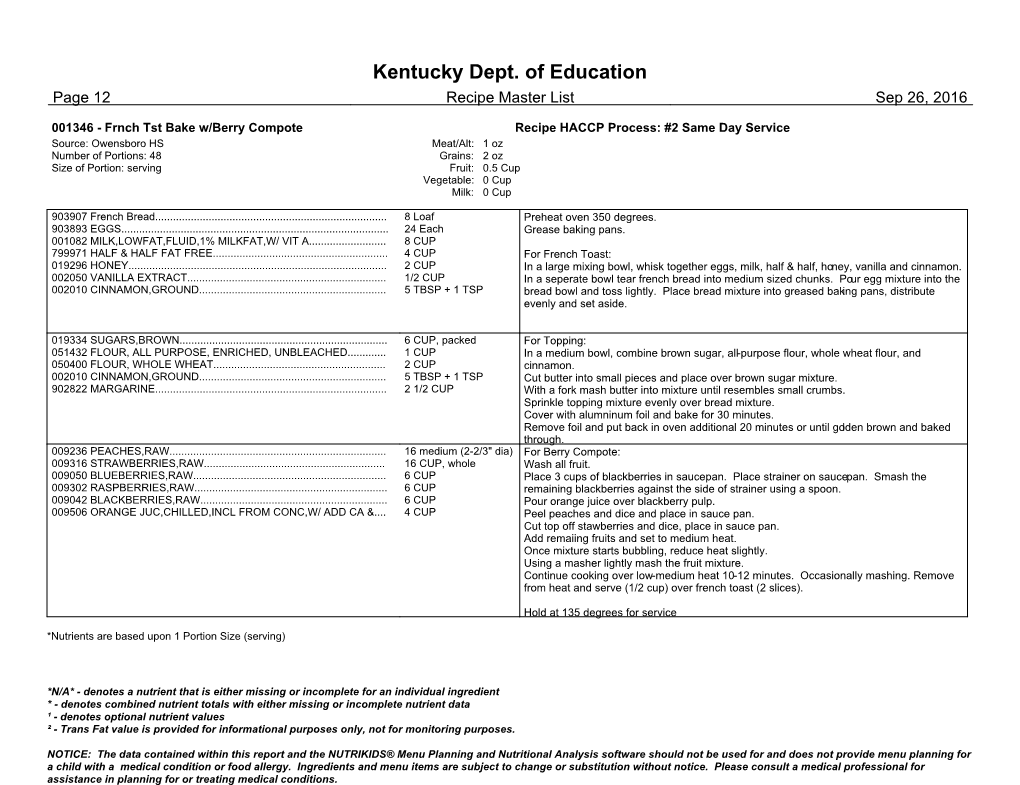 Kentucky Dept. of Education Page 12 Recipe Master List Sep 26, 2016