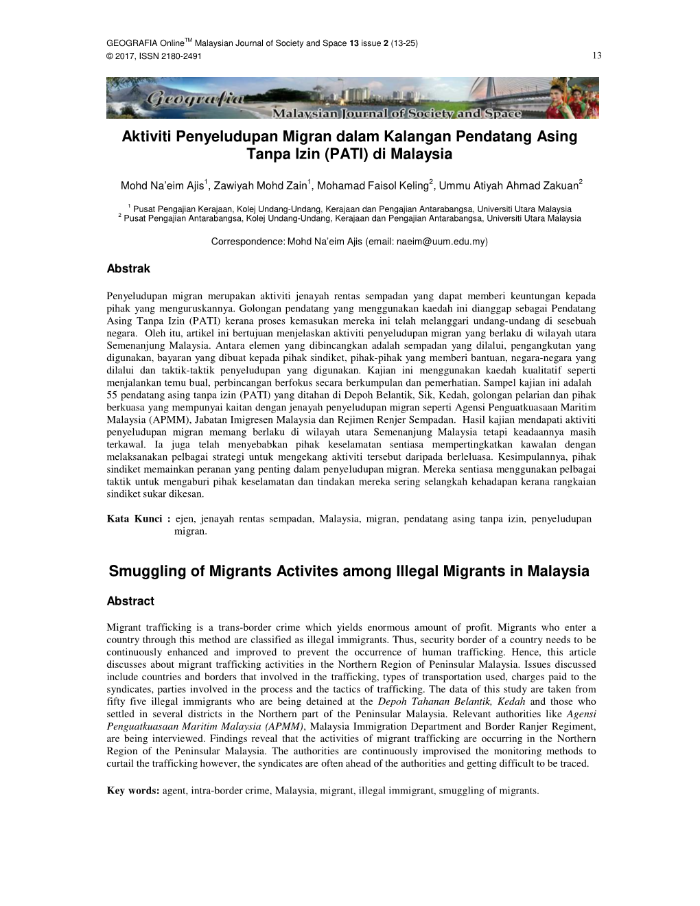 Aktiviti Penyeludupan Migran Dalam Kalangan Pendatang Asing Tanpa Izin (PATI) Di Malaysia Smuggling of Migrants Activites Among