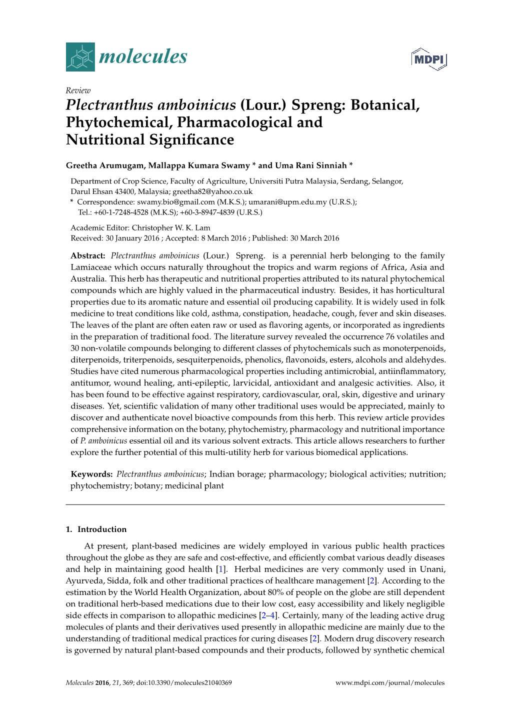 Plectranthus Amboinicus (Lour.) Spreng: Botanical, Phytochemical, Pharmacological and Nutritional Significance