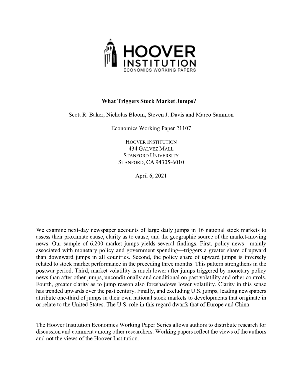 What Triggers Stock Market Jumps? Scott R. Baker, Nicholas Bloom, Steven J