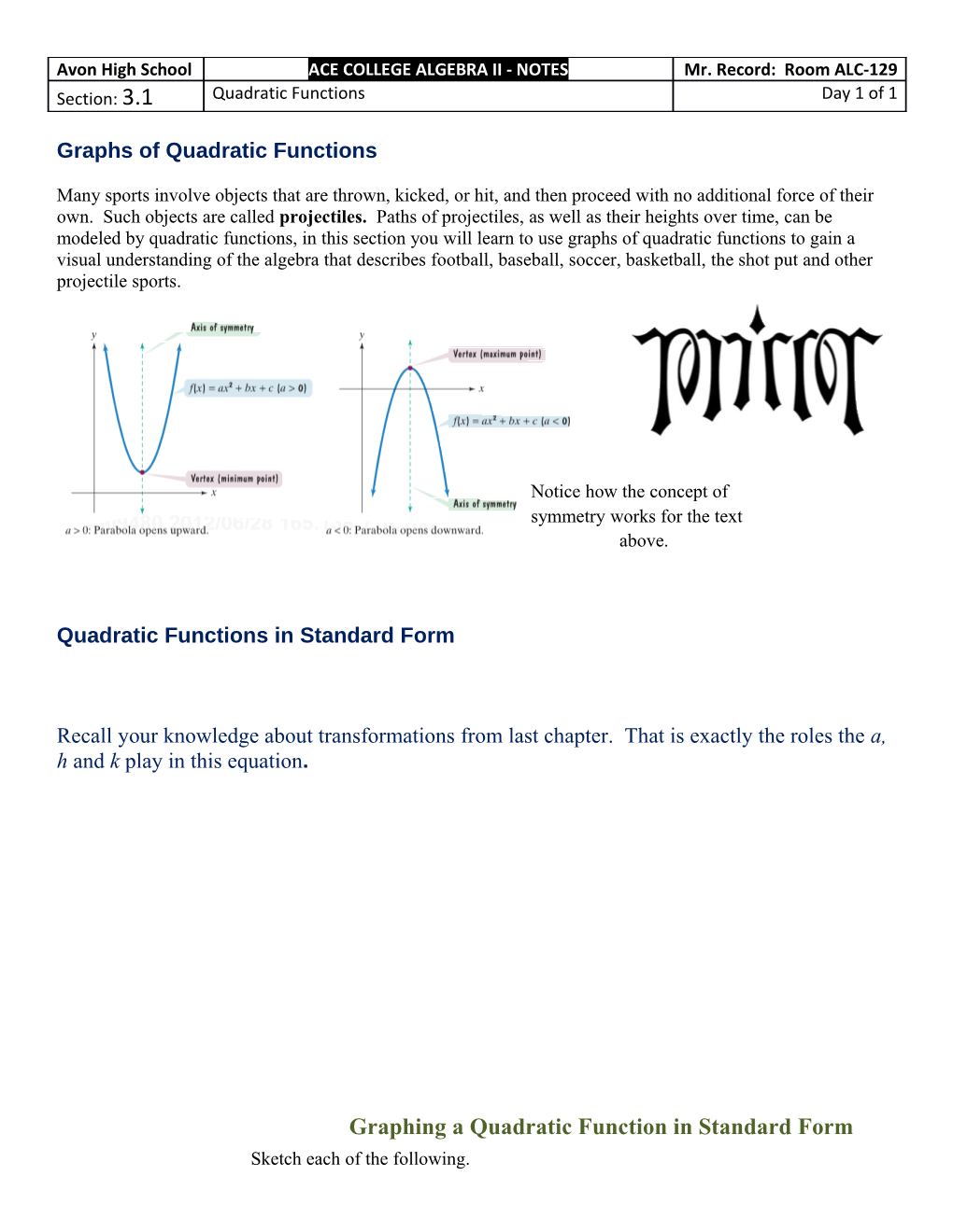 Graphs of Quadratic Functions