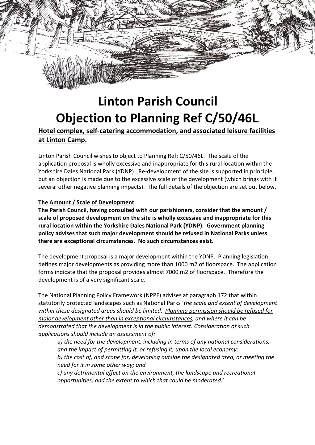 Linton Parish Council Objection to Planning Ref C/50/46L. Hotel Complex, Self‐Catering Accommodation, and Associated Leisure Facilities at Linton Camp