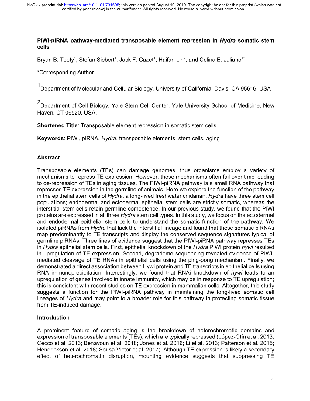 PIWI-Pirna Pathway-Mediated Transposable Element Repression in Hydra Somatic Stem Cells