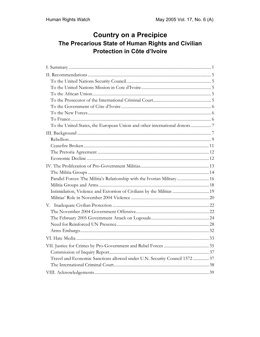 Country on a Precipice the Precarious State of Human Rights and Civilian Protection in Côte D’Ivoire