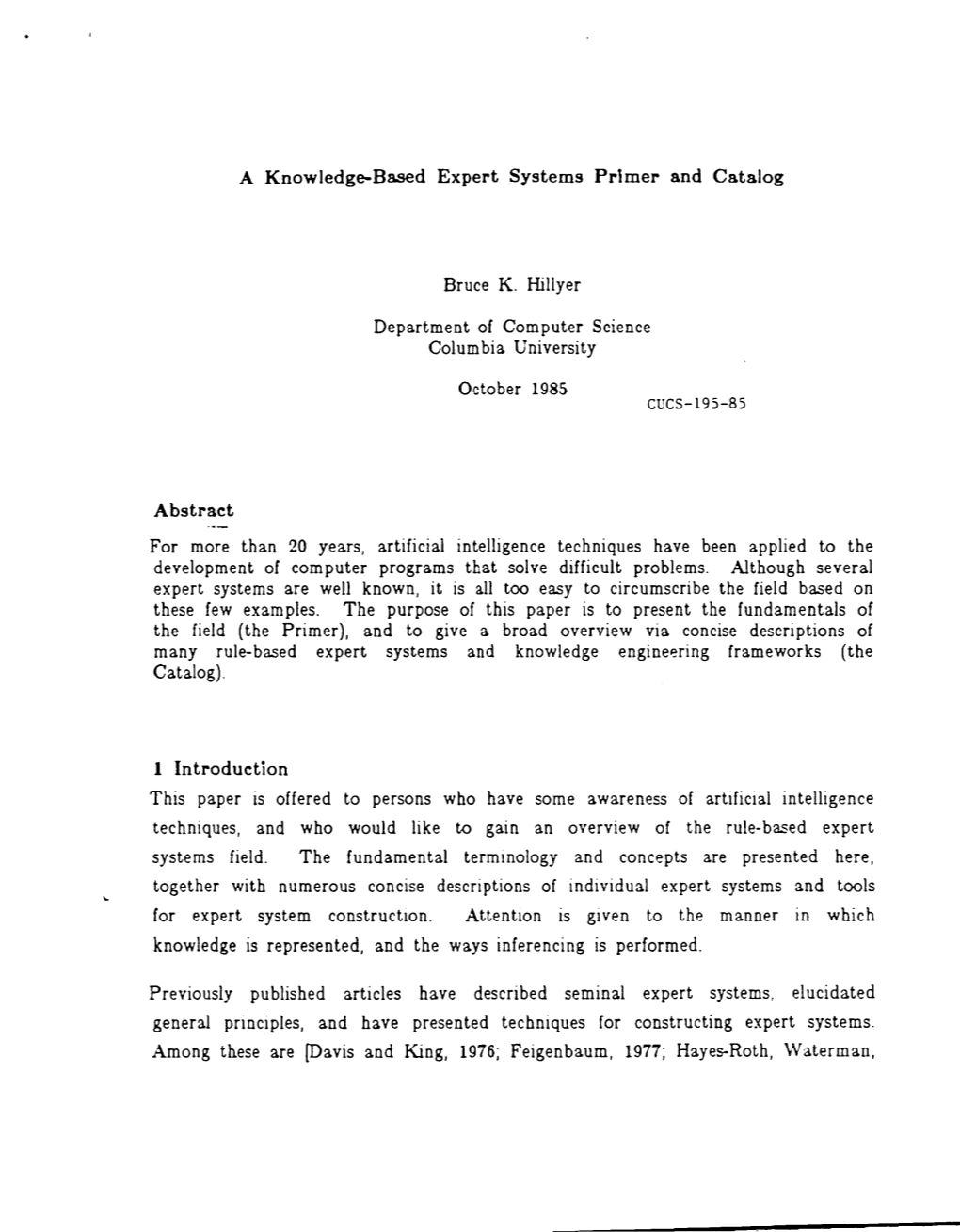A Knowledge-Based Expert Systems Primer and Catalog Abstract 1