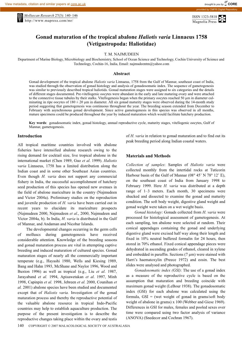 Gonad Maturation of the Tropical Abalone Haliotis Varia Linnaeus 1758 (Vetigastropoda: Haliotidae)