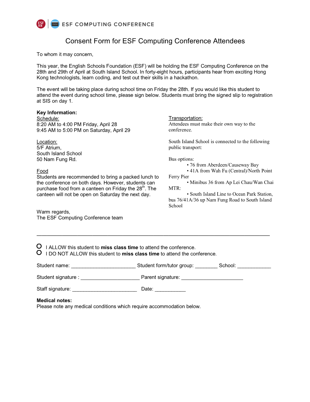Consent Form for ESF Computing Conference Attendees
