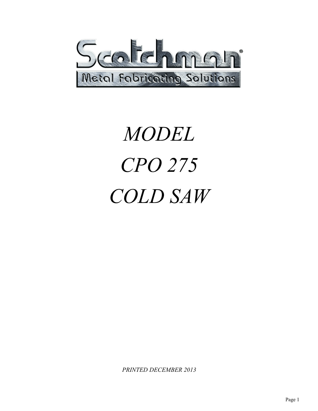 Scotchman CPO275 Cold Saw Manual