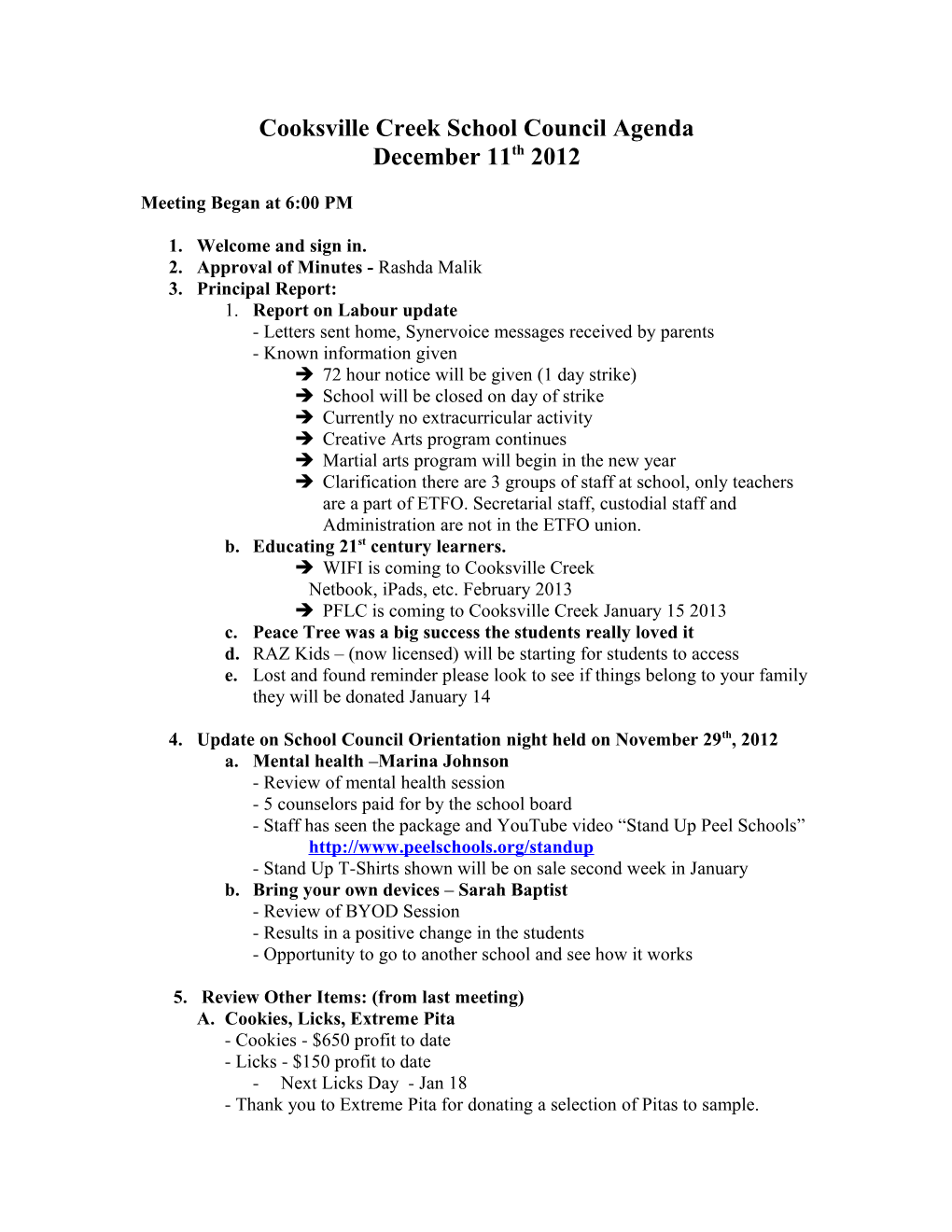 Cooksville Creek School Council Agenda