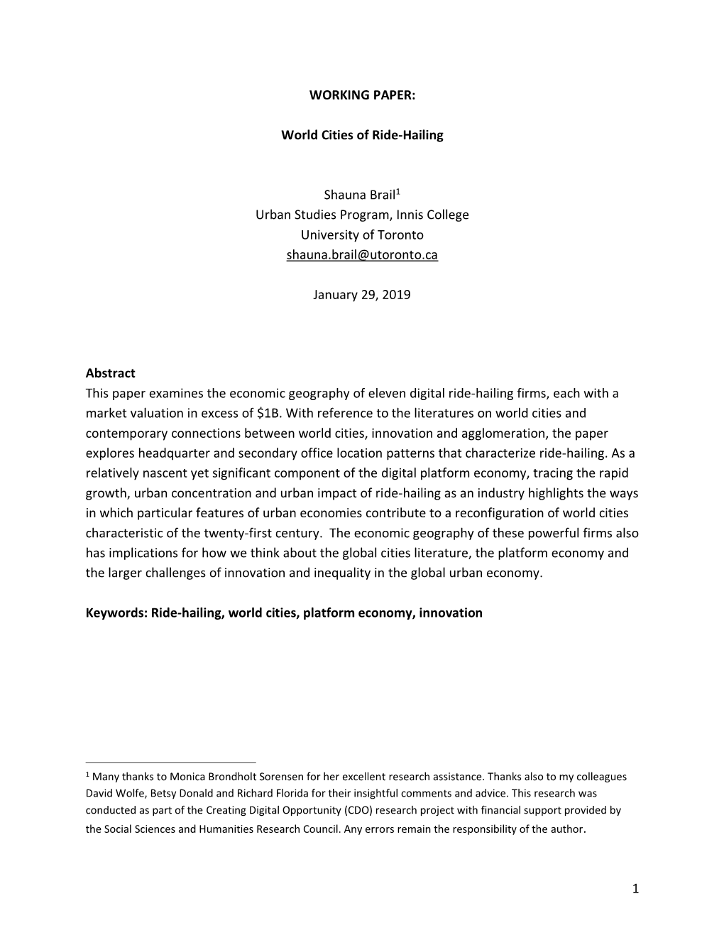 1 WORKING PAPER: World Cities of Ride-Hailing Shauna Brail1 Urban