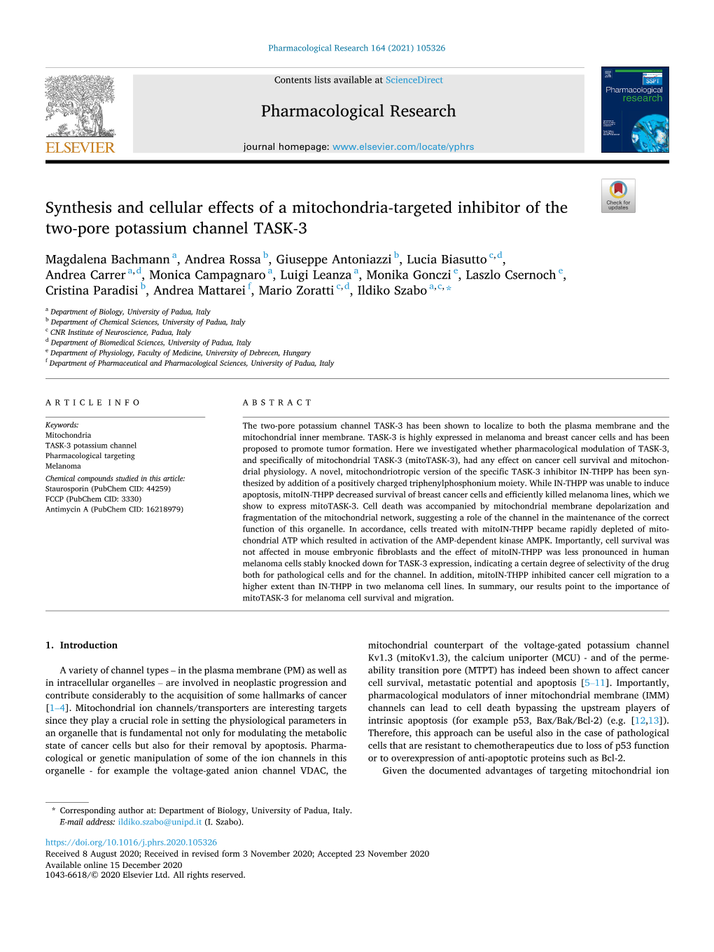 Synthesis and Cellular Effects of a Mitochondria-Targeted Inhibitor of the Two-Pore Potassium Channel TASK-3