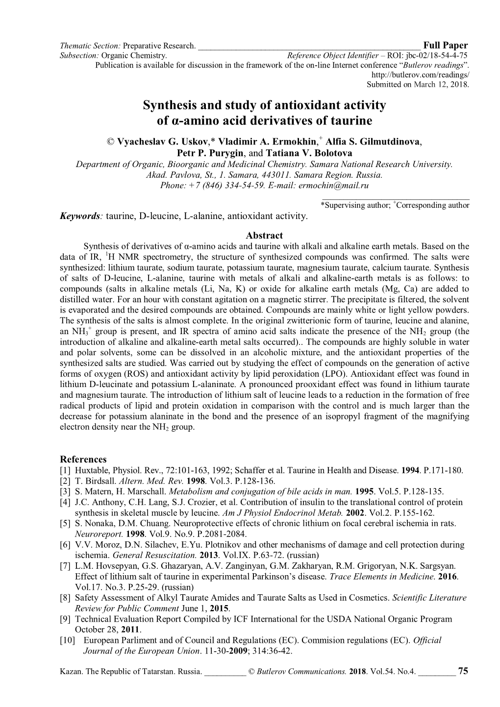 Synthesis and Study of Antioxidant Activity of Α-Amino Acid Derivatives of Taurine