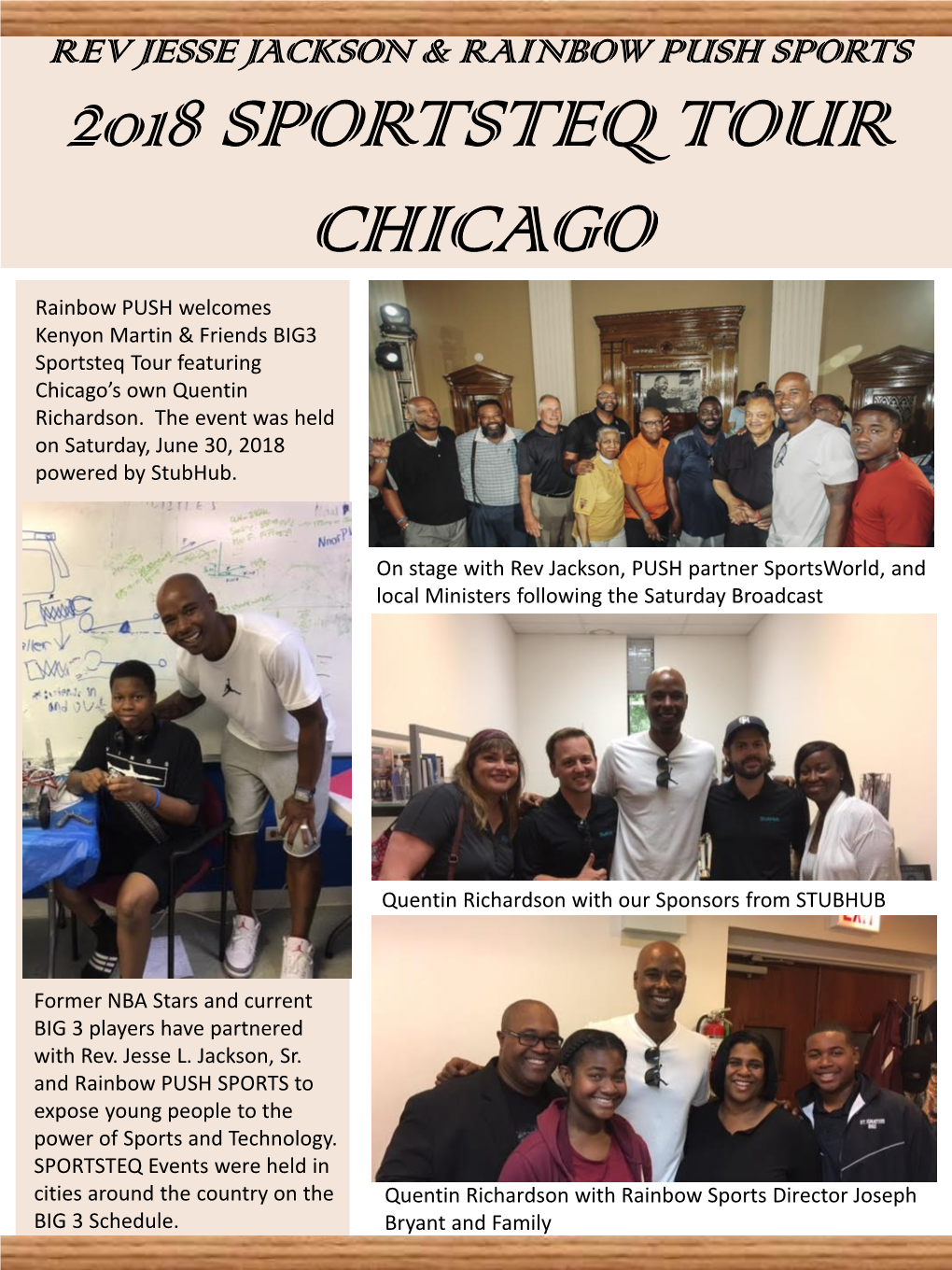 2018 SPORTSTEQ TOUR CHICAGO Rainbow PUSH Welcomes Kenyon Martin & Friends BIG3 Sportsteq Tour Featuring Chicago’S Own Quentin Richardson