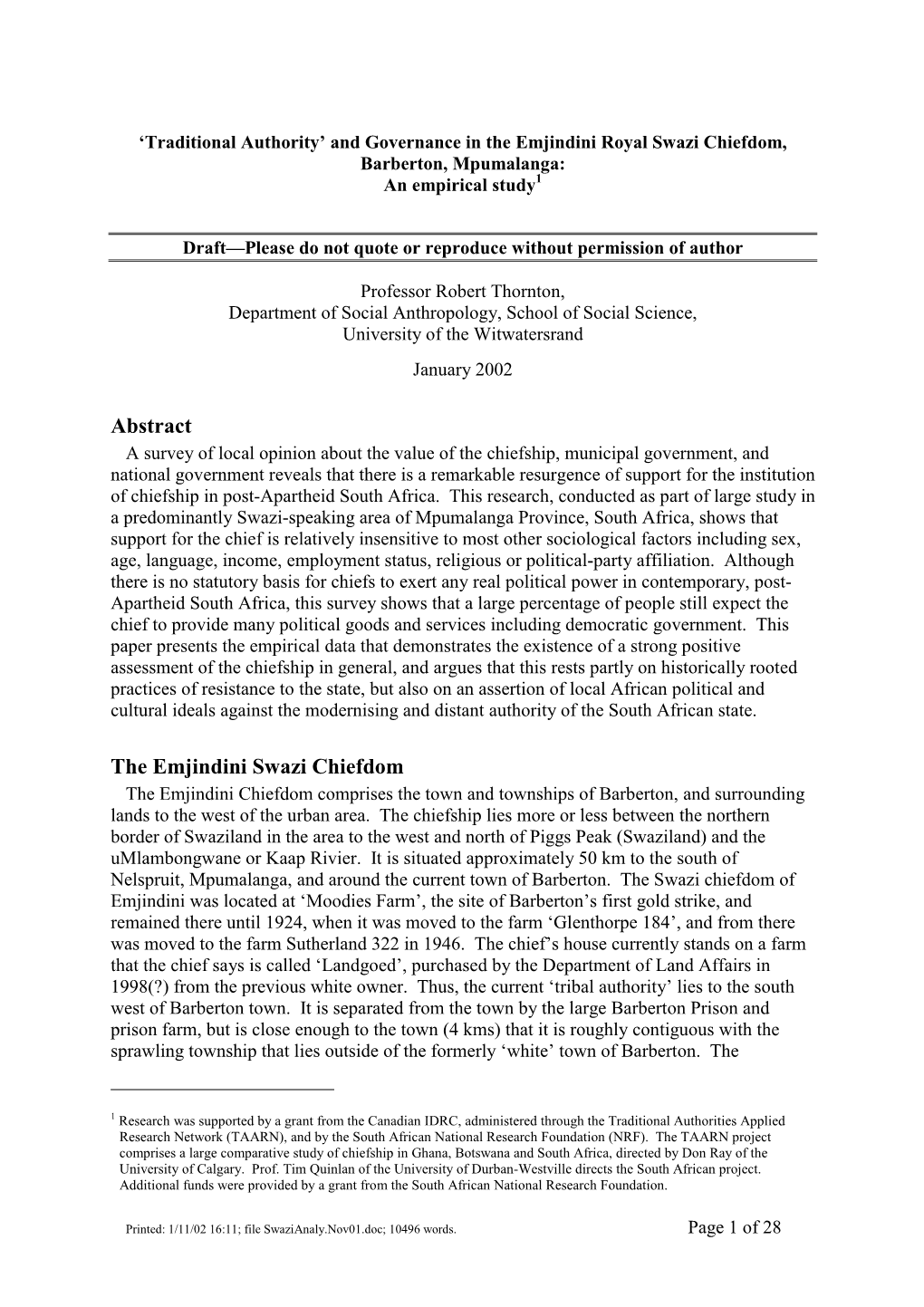 Preliminary Analysis of Data, Chiefship Project