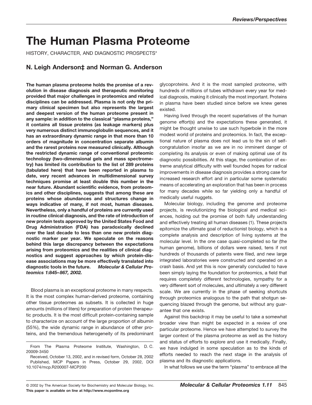 The Human Plasma Proteome HISTORY, CHARACTER, and DIAGNOSTIC PROSPECTS*