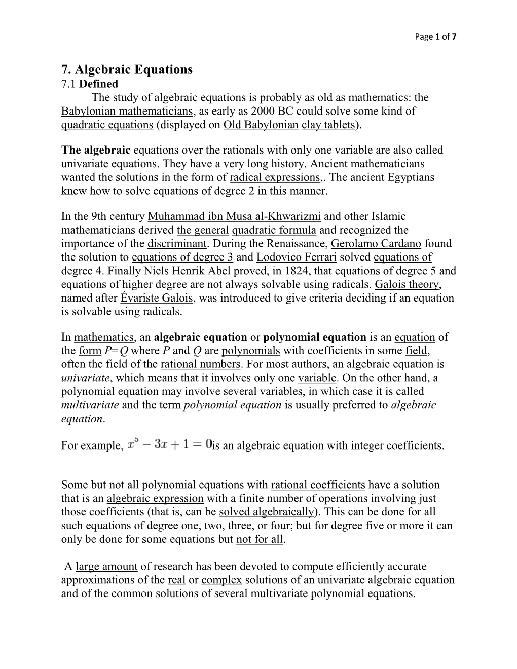 7. Algebraic Equations