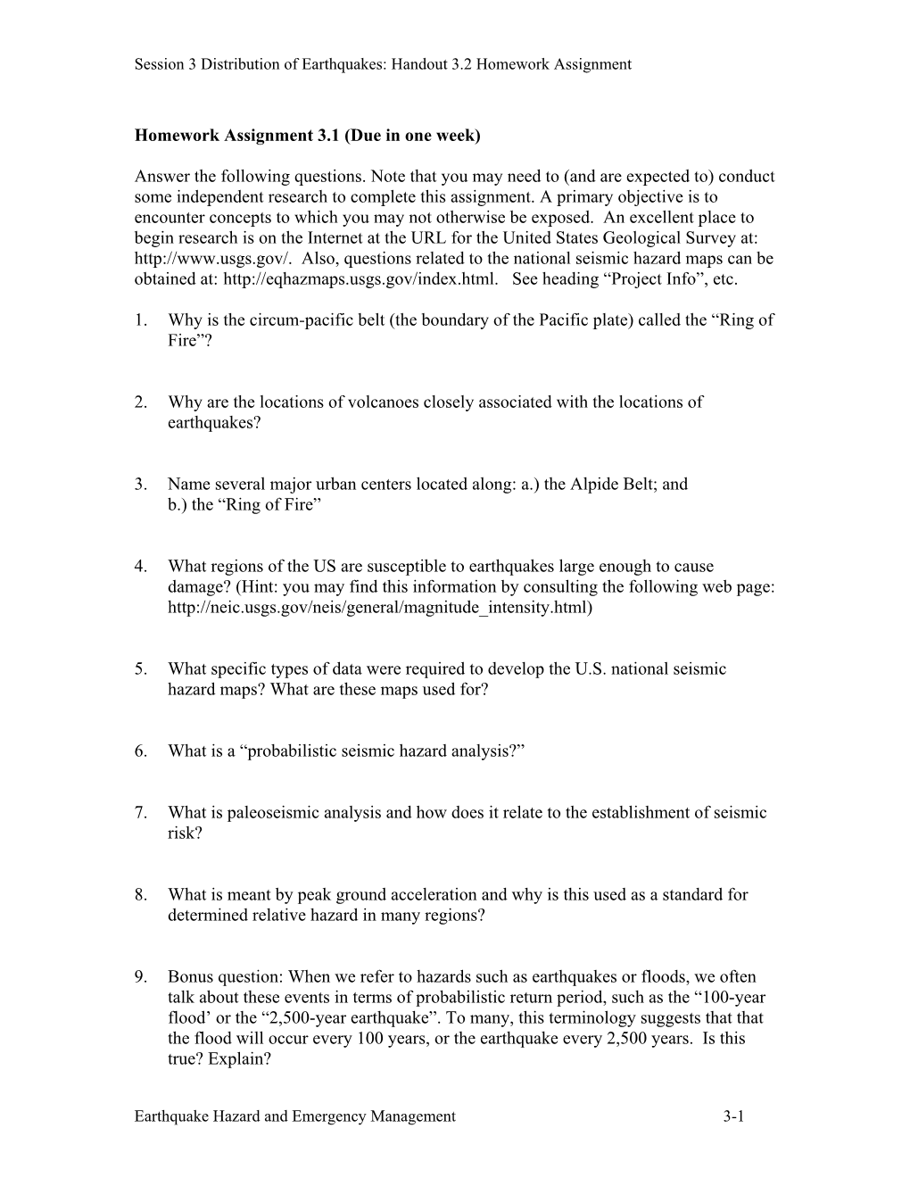 Handout 3.2 Homework Assignment Earthquake Hazard and Emergency Management