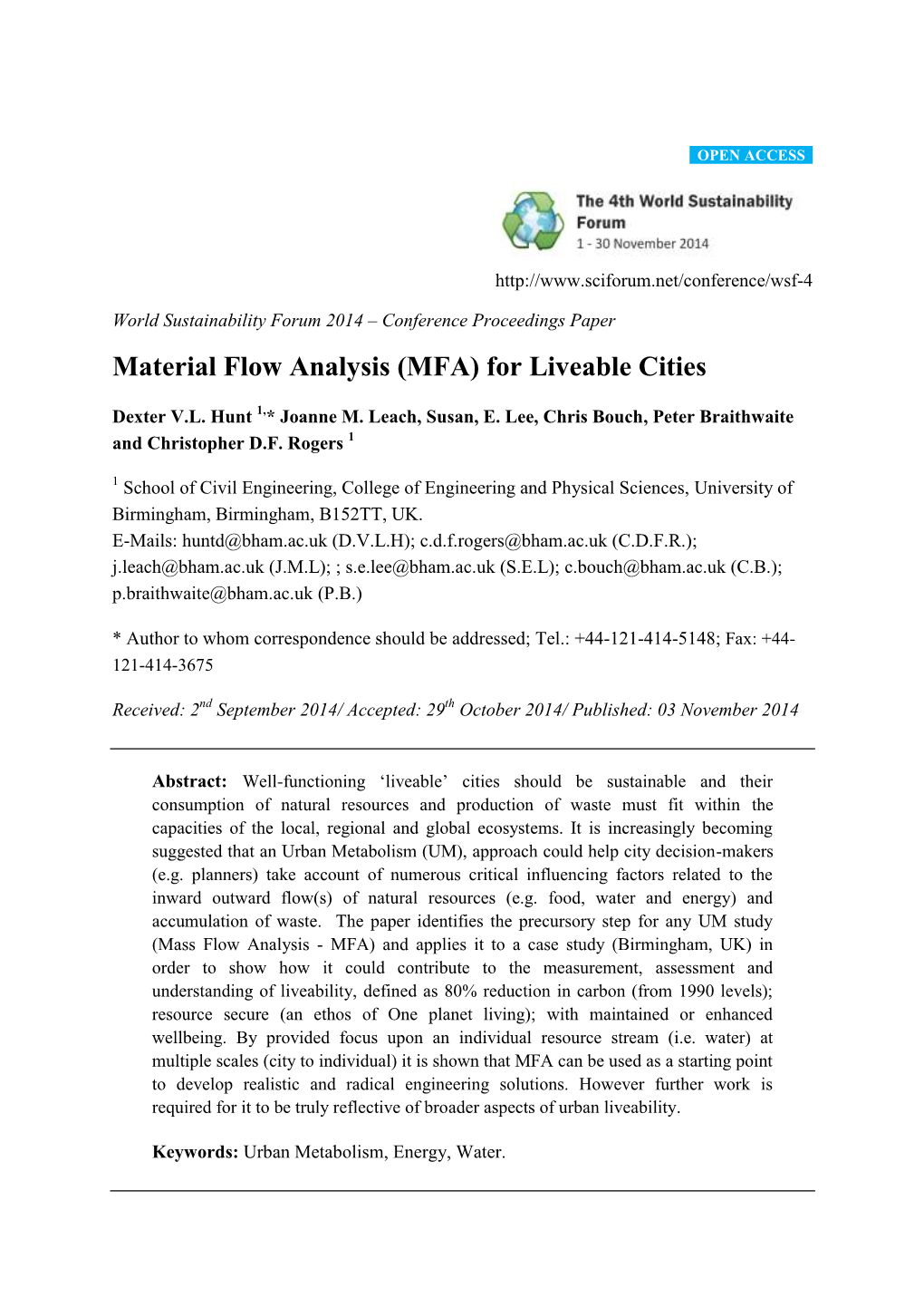 Material Flow Analysis (MFA) for Liveable Cities