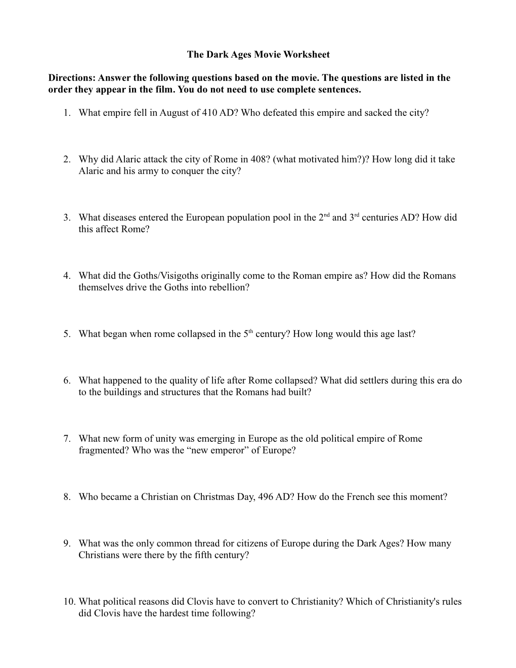 The Dark Ages Movie Worksheet