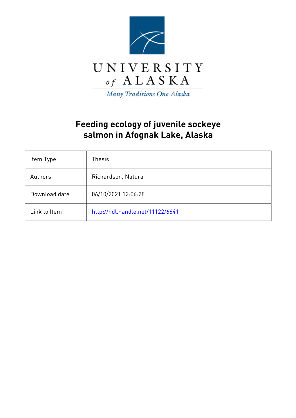 Feeding Ecology of Juvenile Sockeye Salmon in Afognak Lake, Alaska