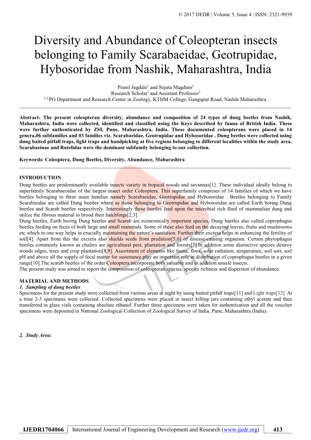 Diversity and Abundance of Coleopteran Insects Belonging to Family Scarabaeidae, Geotrupidae, Hybosoridae from Nashik, Maharashtra, India