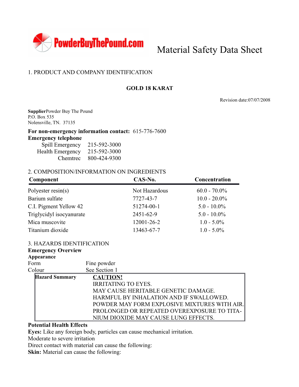 Material Safety Data Sheet s103