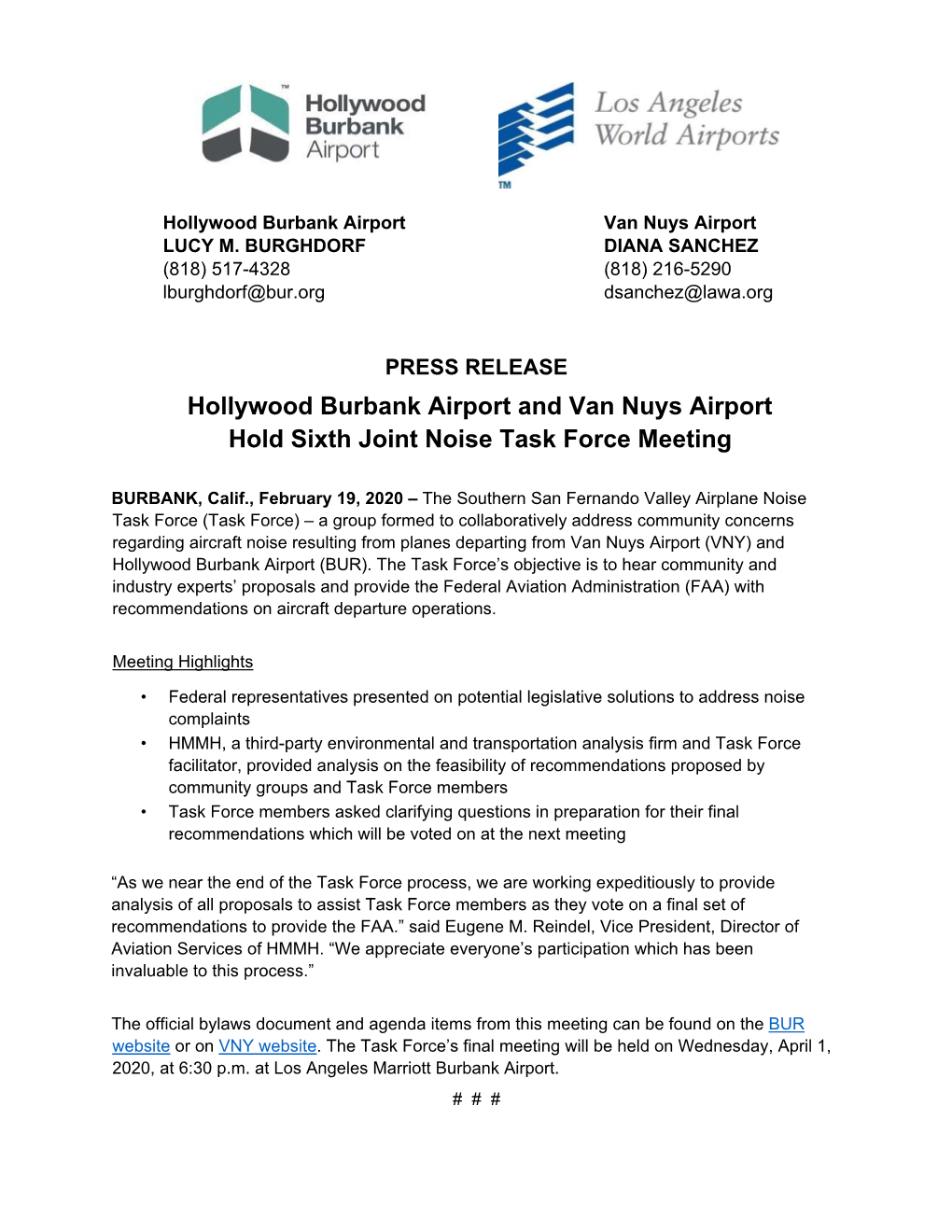 PRESS RELEASE Hollywood Burbank Airport and Van Nuys Airport Hold Sixth Joint Noise Task Force Meeting