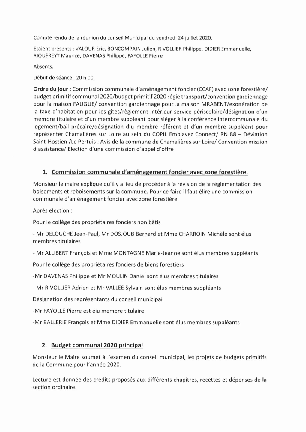 Compte Rendu De La Réunion Du Conseil Municipal Du Vendredi 24 Juillet 2020