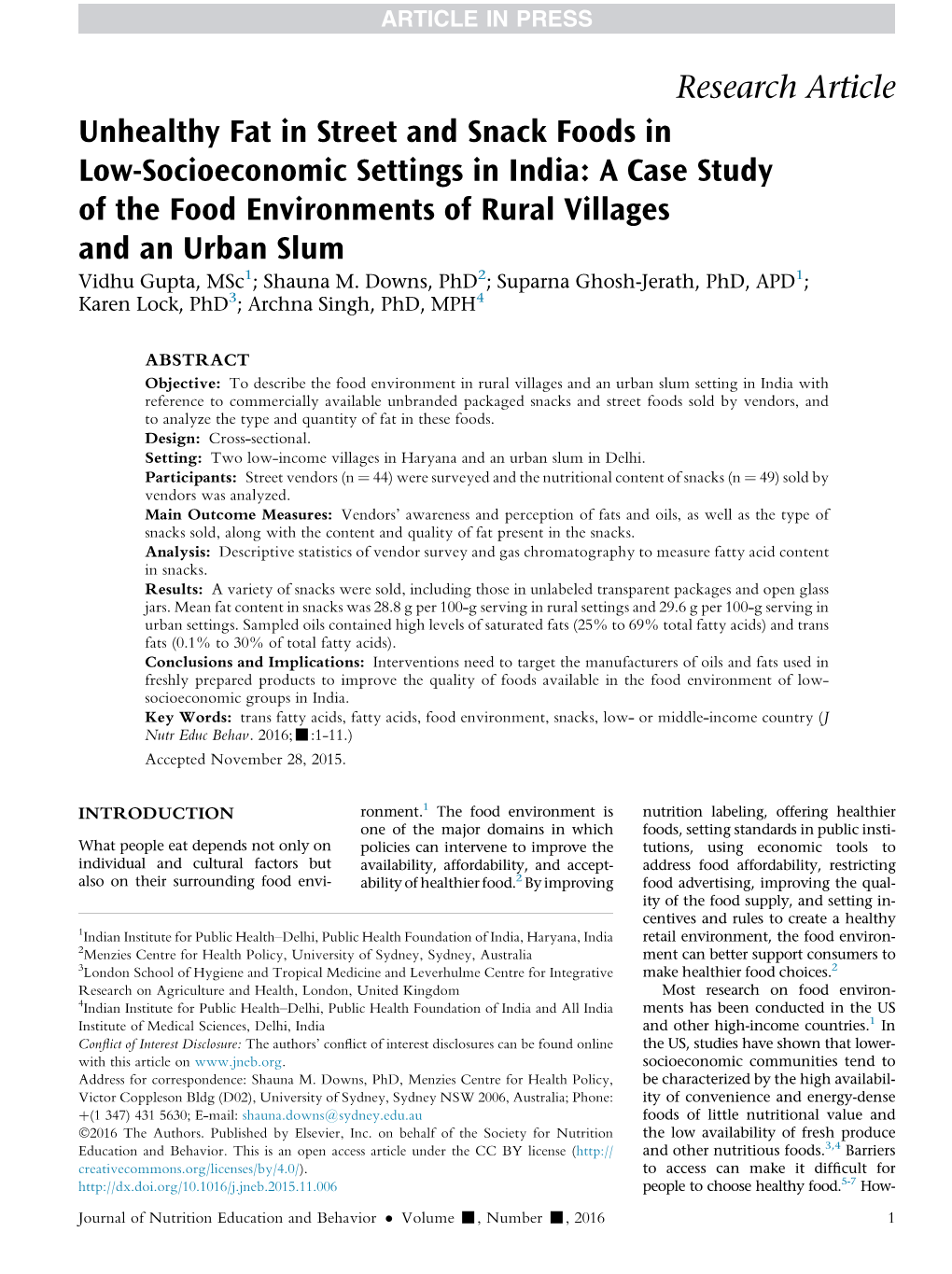 Unhealthy Fat in Street and Snack Foods in Low-Socioeconomic Settings in India