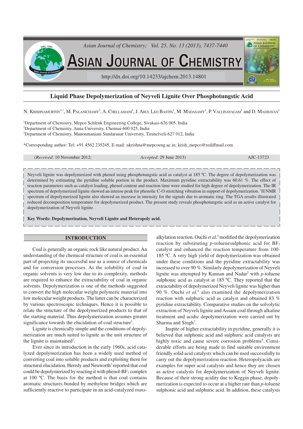 Liquid Phase Depolymerization of Neyveli Lignite Over Phosphotungstic Acid