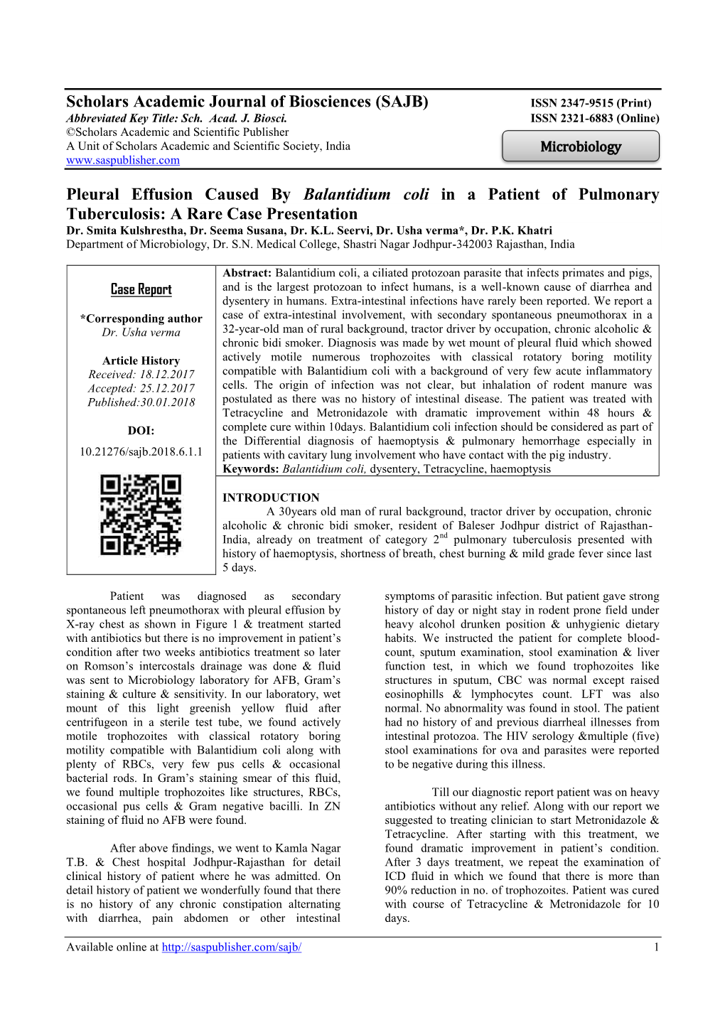 (SAJB) Pleural Effusion Caused by Balantidium Coli in a Patient Of