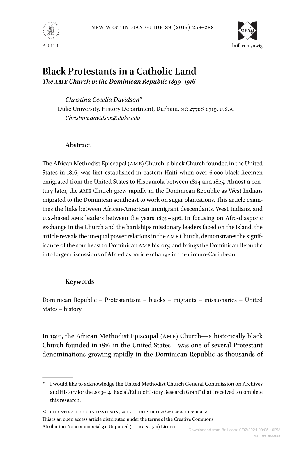 Black Protestants in a Catholic Land the Ame Church in the Dominican Republic 1899–1916