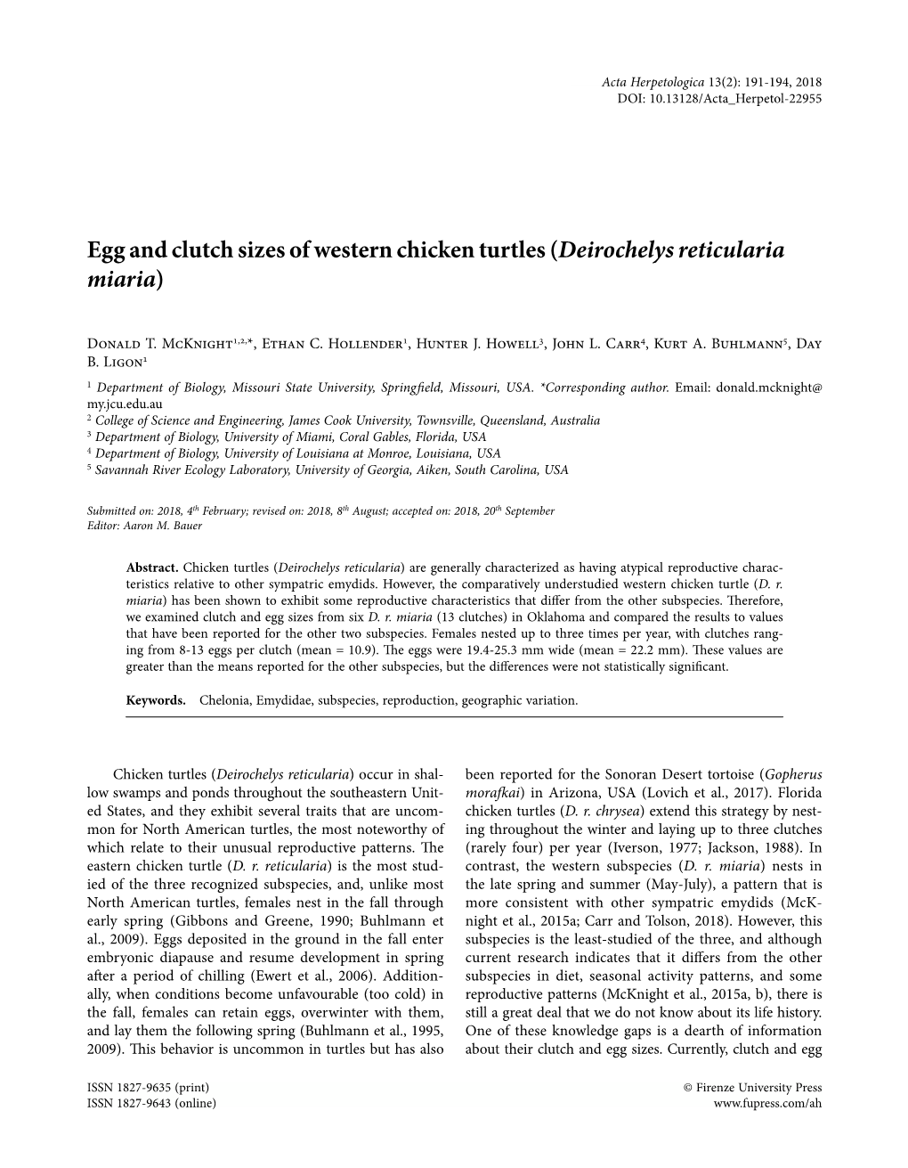 Egg and Clutch Sizes of Western Chicken Turtles (Deirochelys Reticularia Miaria)