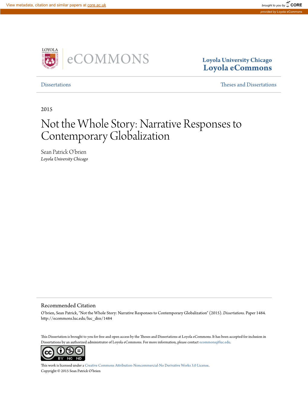 Narrative Responses to Contemporary Globalization Sean Patrick O'brien Loyola University Chicago