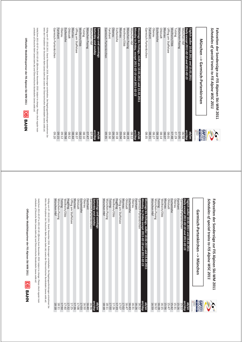 Page 1 Fahrzeiten Der Sonderzüge Zur FIS Alpinen Ski-WM 2011