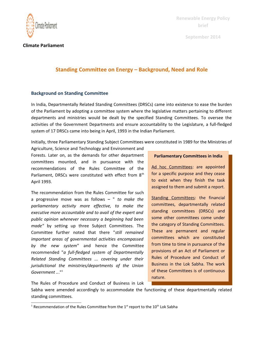 Standing Committee on Energy Background, Need and Role