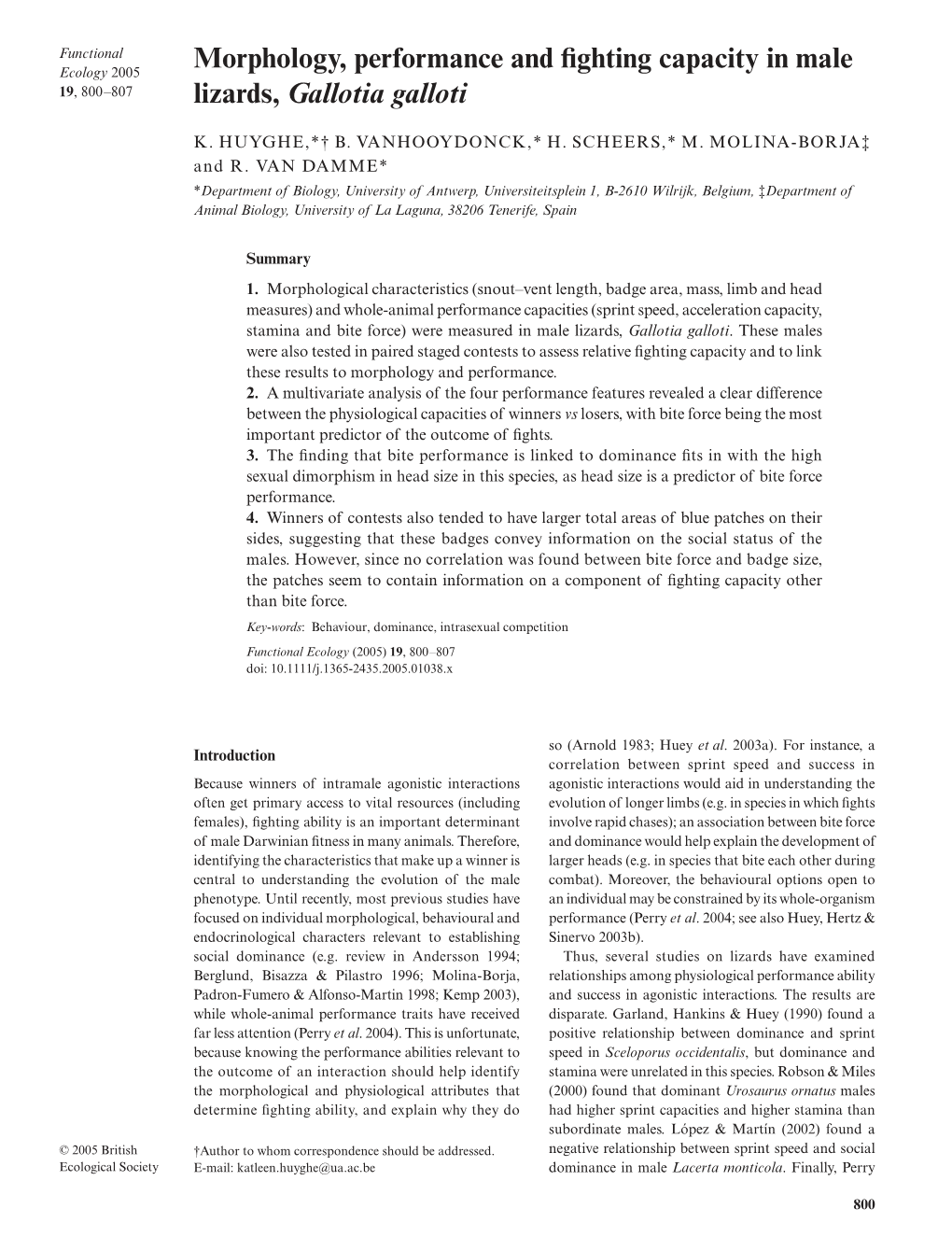 Morphology, Performance and Fighting Capacity in Male Lizards, Gallotia